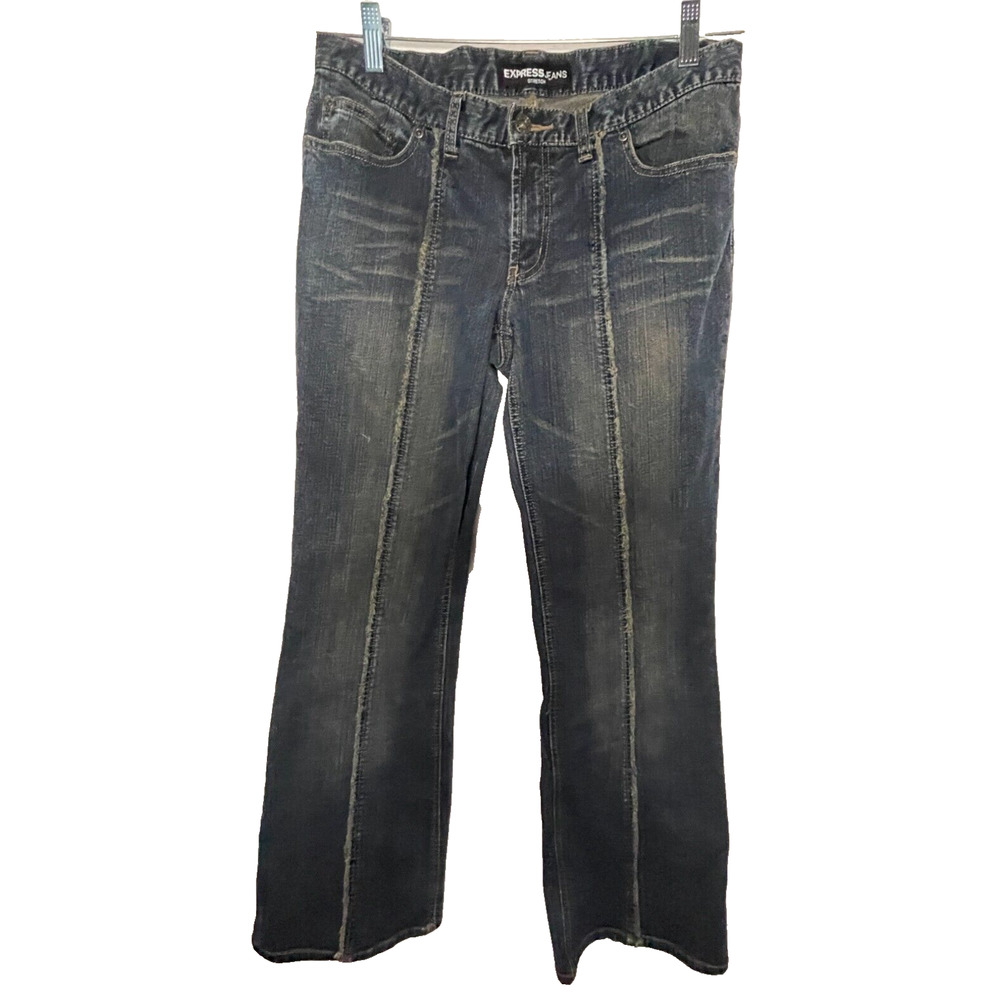 Vintage Express Jeans low rise waist 32 frayed seam down middle flared l…